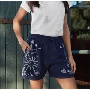 Johnny Was LA Sovanna Floral Embroidered Linen Shorts Navy Blue XS
